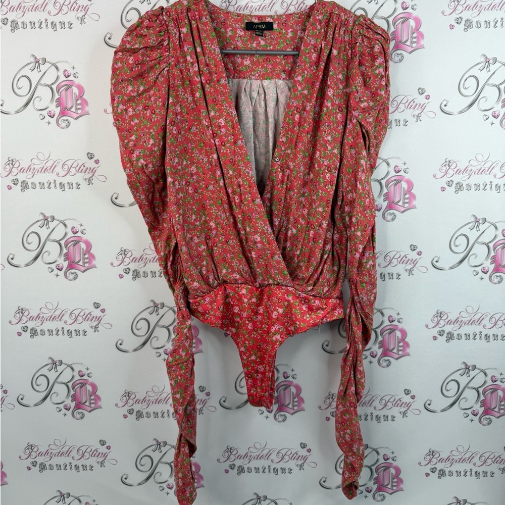 AFRM body suit puff shoulder sleeves flowers thong style Red Floral Wrap Top